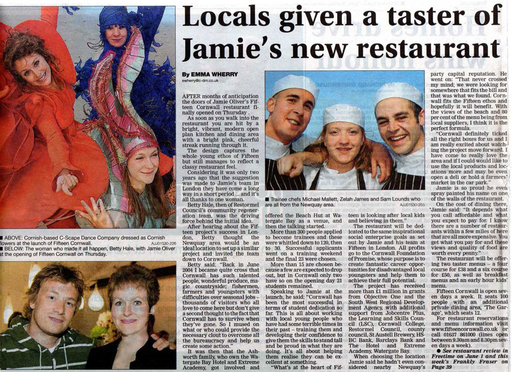 Cornish Guardian article 25th May 2006 Betty Hale with Jamie Oliver open new Fifteen Restaurant