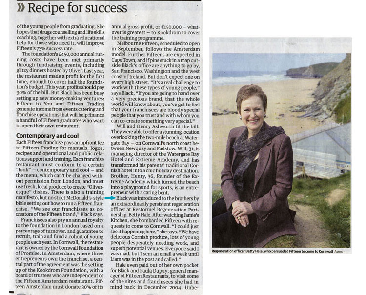 Recipe for Success, The Guardian. Betty Hale responsible for convincing Jamie Oliver to open his Fifteen Restaurant in Cornwall